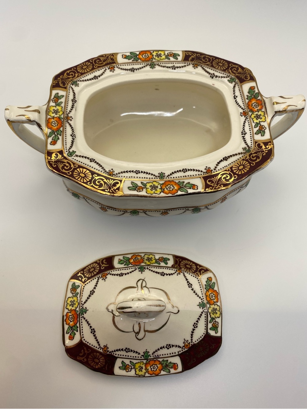 Alfred Meakin England Solway Maroon octagonal‎ covered vegetable dish Vintage - Picture 5 of 11